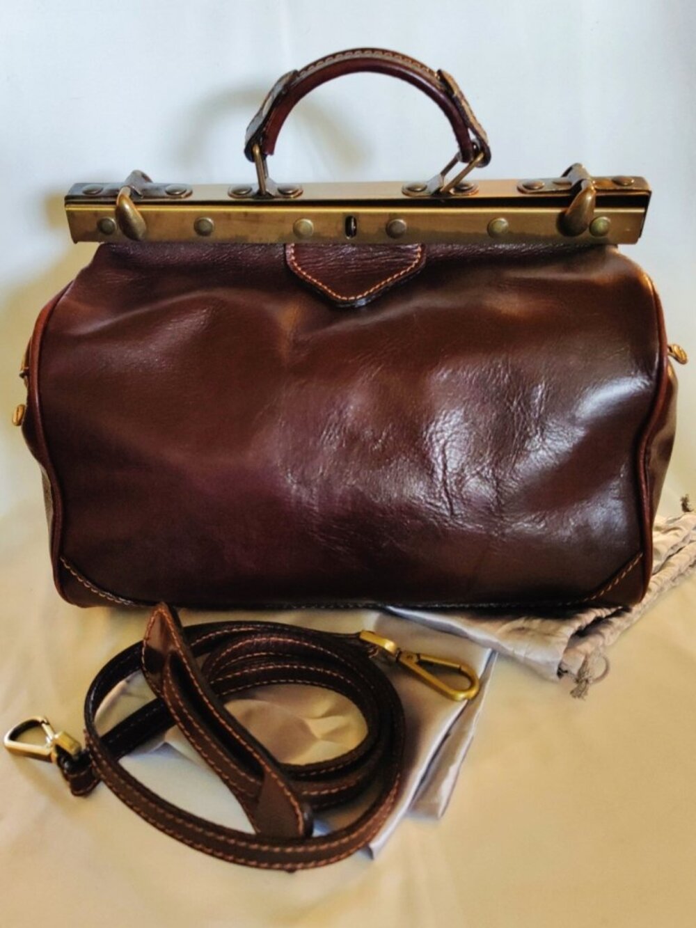 Italian Leather Framed Slouchy Doctor's Top Handle Crossbody Bag - Dark Brown